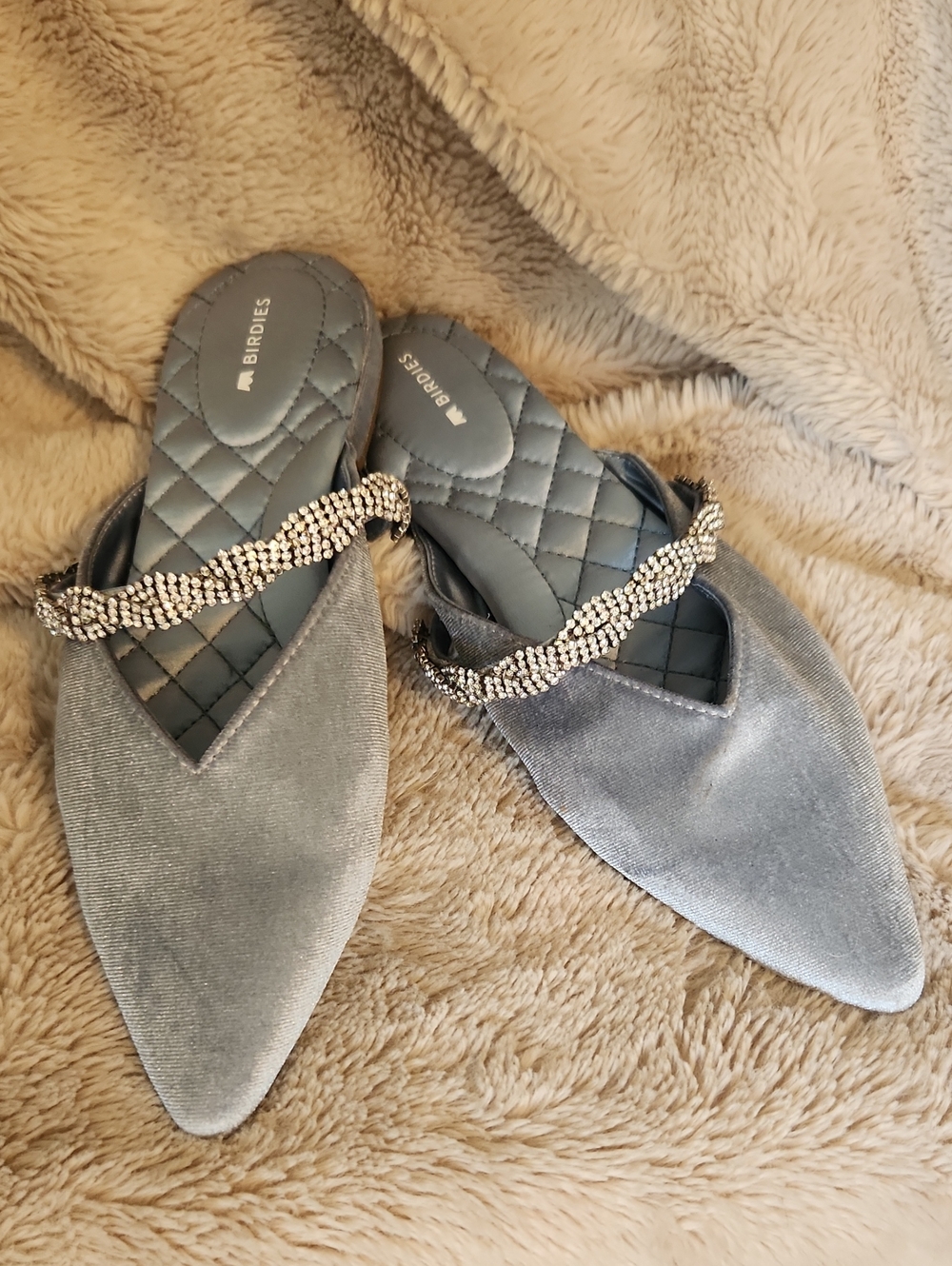 Birdies The Swan Silvery Blue Velvet Crystal Strap Pointed Mules Quiet Luxury